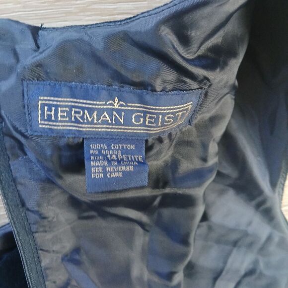 Vintage Herman Geist Dress Mixed Wool Velvet Deep Navy Blue Empire Waist 14P - Picture 9 of 11